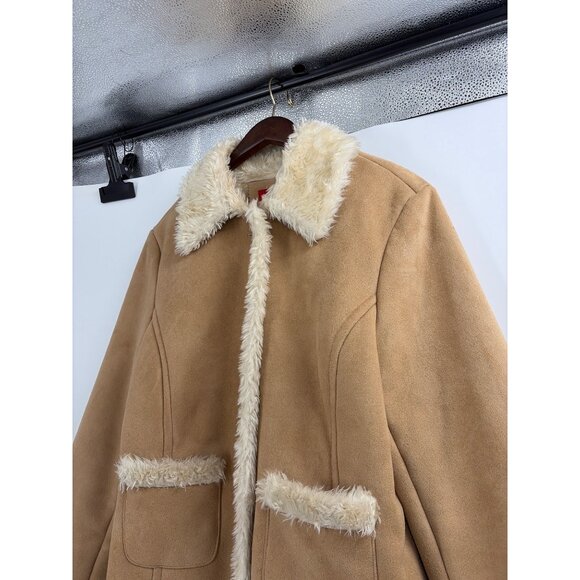 Y2K Esprit Womens XL Faux Suede Shearling Penny Lane Coat Beige Sherpa Lined - Picture 9 of 9